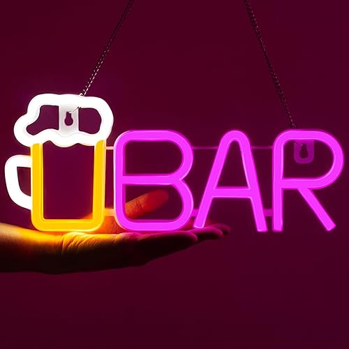 Letrero de neón de barra rosa, letreros de cerveza de neón con USB o batería, letreros LED con cadena para colgar, letreros de neón para hombre,