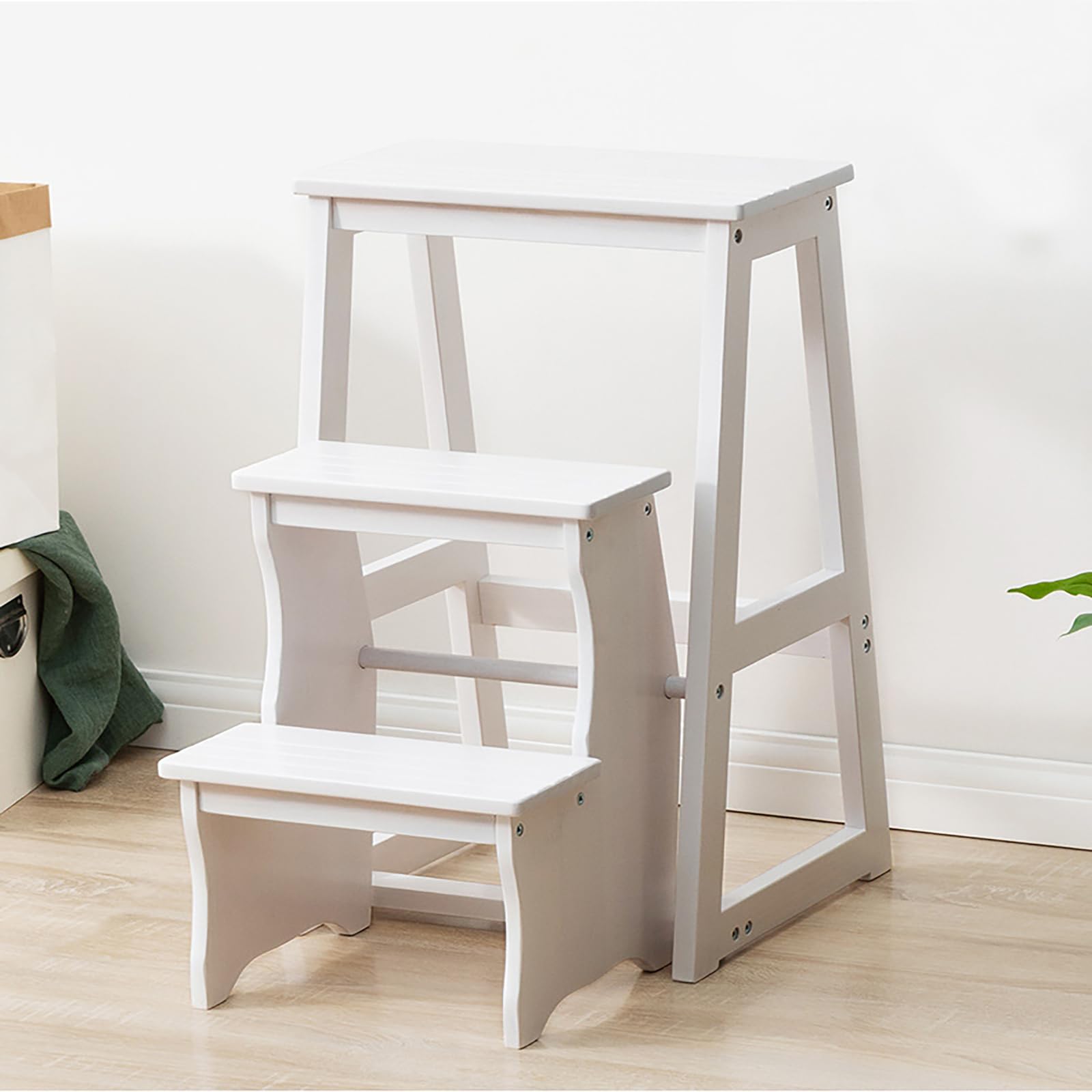 Solid Wood Folding Library Ladder Chair, Lightweight Portable Multifunctional Step Stool, 3-Step Stool Stepladders, Display Stand and Flower Stand for