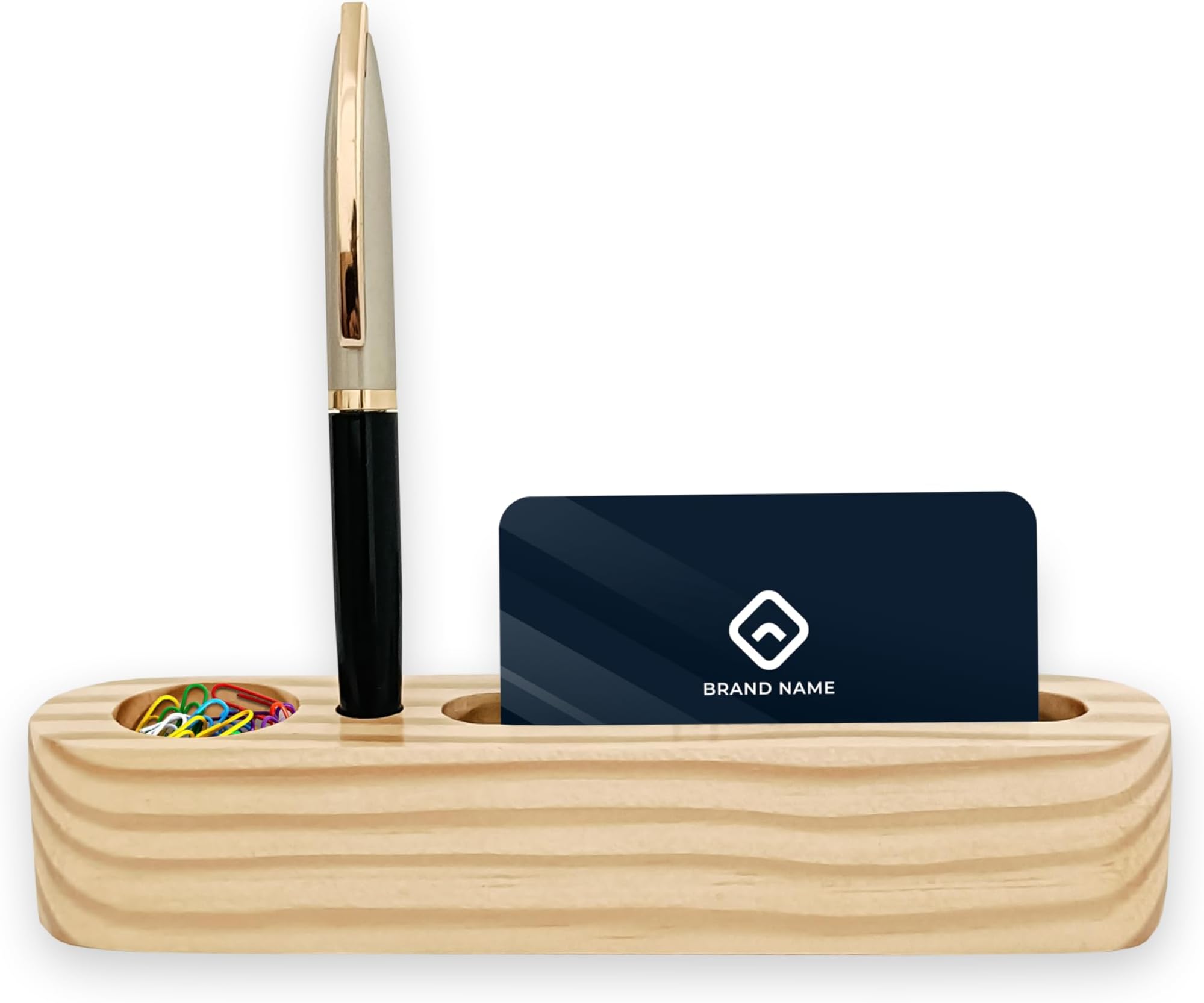 Premium Wooden Business card and pen holder for professional presentation of business card. Uses for office desk , home decor , conference desk and gift purpose. (ROUND WITH PEN AND PIN LOOP)
