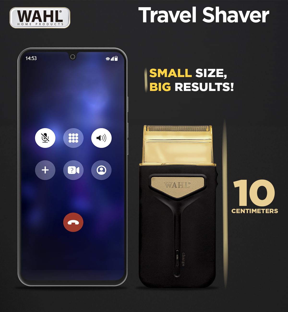 Wahl Travel Shaver USB, 0.4 mm cutting length, 45 minutes run time, Perfect travel companion with USB charging facility, Extra Cutting blade and foil to move along the contours, Black & Gold - 3025441IN