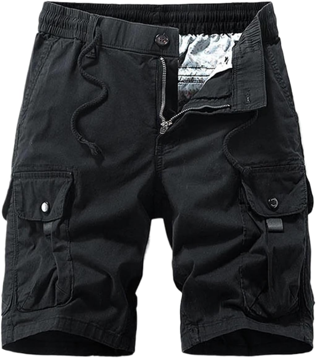 Men Summer Solid Color Cotton Cargo Straight Shorts Men Casual Elastic Waist Shorts Male