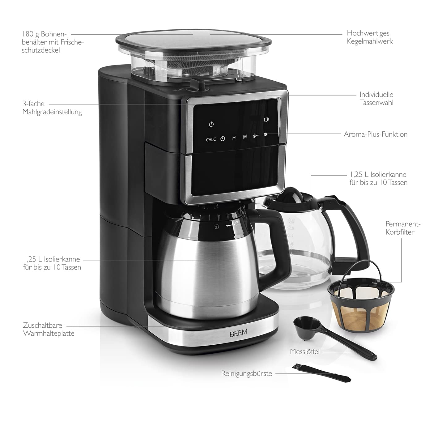 BEEM FRESH-AROMA-PERFECT III Caffettiera filtro con macinino - Duo | Con caraffa sottovuoto e caraffa di vetro | Macinino a cono e funzione Aroma Plus | Timer 24 ore | 1000 W | Fino a 10 tazze