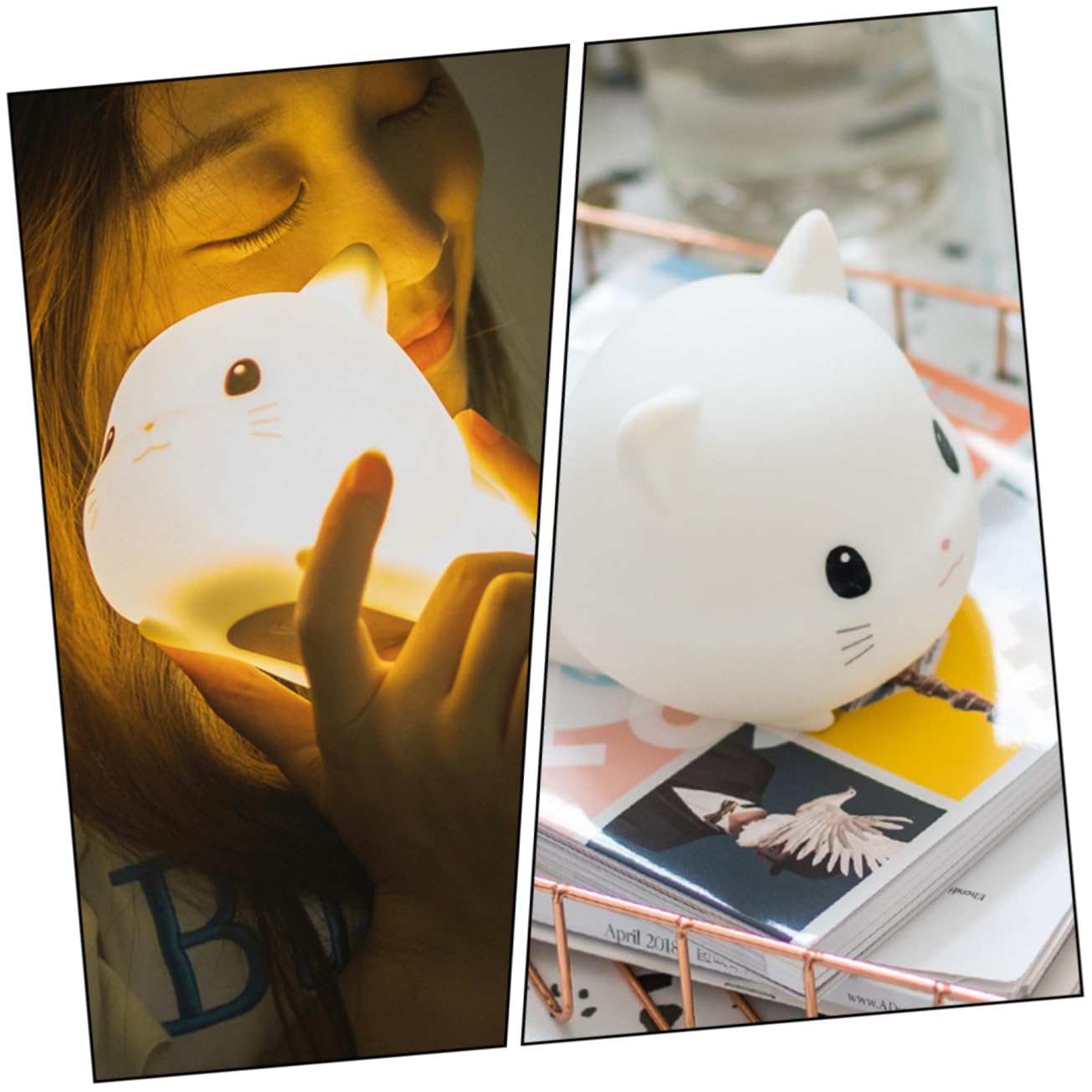 Lámpara de Noche de Gato de Silicona USB Recargable para Dormitorio | Blanco, Control por Toque, Abs y Pc, Decoración de Escritorio, Luz para Dormir