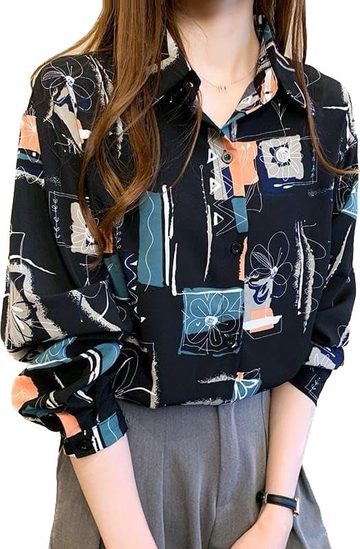 ROYALICAWomen's Short Sleeve Drop Shoulder Collared Blouse Button Down Graphic Print Blouse Shirts Top (Small, Black)