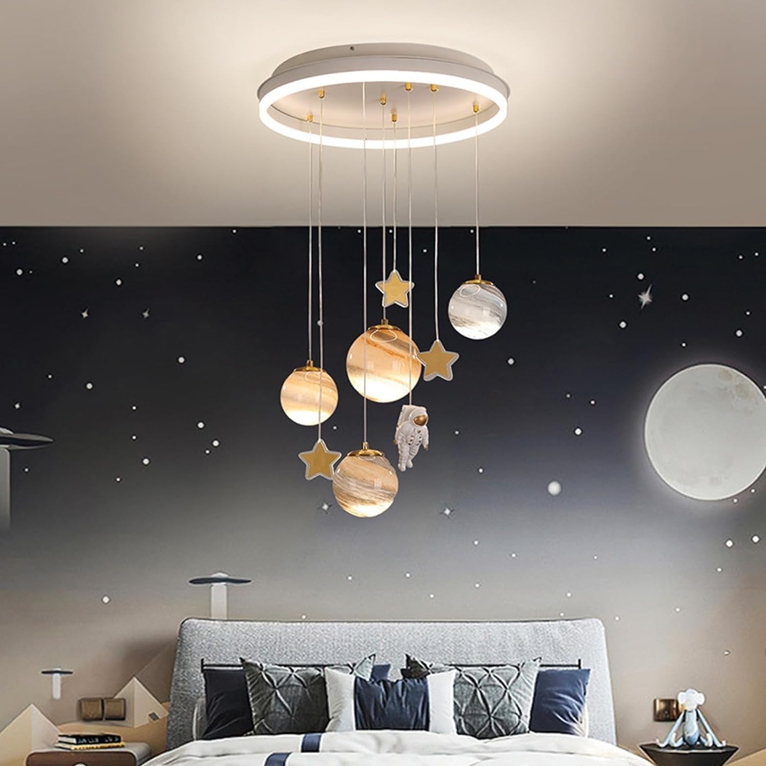 Lampadario bambini Plafoniera LED Lampadari dimmerabili pianeta camera dei bambini Lampada design moderno plafoniera lunare astronauta con telecomando camera dei bambini illuminazione camera da letto