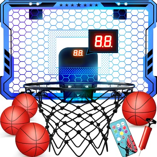 ropoda Indoor Basketball Hoop, Mini Hoop with 7 LED Lights, 3 Modes Scoreboard, Mini Hoop with 4 Balls Over The Door, Basketball Hoop Indoor, Toys Gifts for Kids Adults