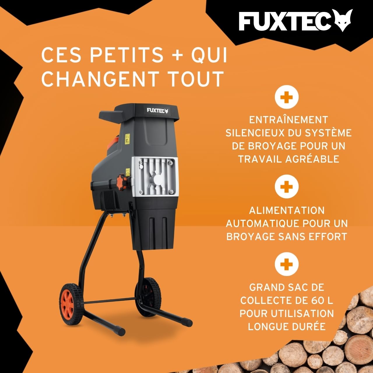 FUXTEC Broyeur de végétaux électrique FX-EGH2800T – 2800W – Système à rouleaux silencieux 92 dB – Branches Ø 44 mm – Sac toile 60 L – Marche arrière – Protection surcharge IPX4