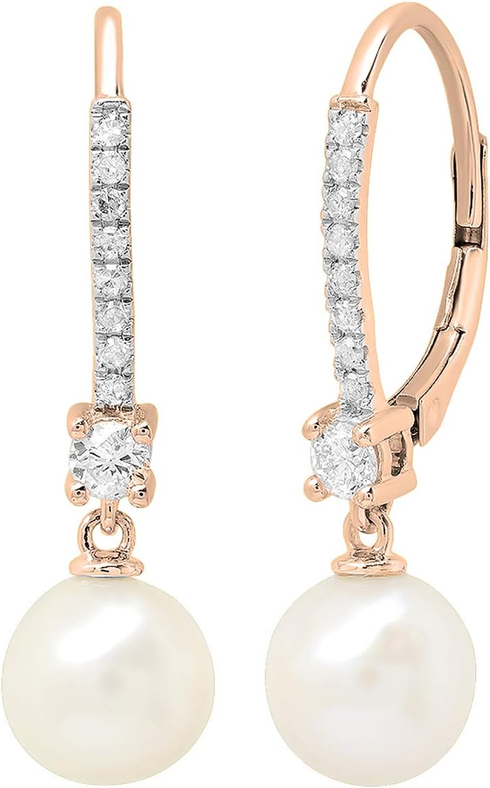 Dazzlingrock Collection 8mm Each Round White Freshwater Pearl & White Natural Diamond Lever Back Drop Dangle Earrings for Women in 18K Real Solid Gold