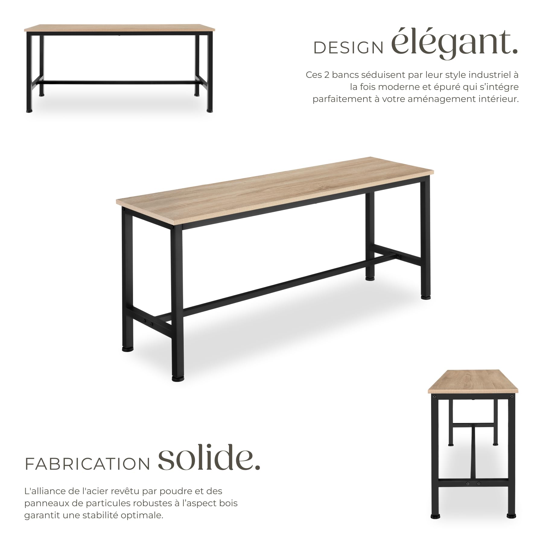 TecTake® Lot de 2 Banc de Salle à Manger Cuisine en Bois et Acier Style Industriel 108x32,5x50 cm Scandinave Meuble Cuisine Meuble Salon Meuble Salle a Manger Meuble entrée Meuble Chambre