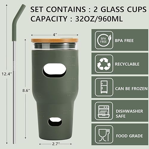 Miniatura 3 de Ruckae Vaso de vidrio de 32 onzas con popote y tapa, 2 vasos de vidrio con popote y tapa, vaso reutilizable para café helado, se adapta a portavasos
