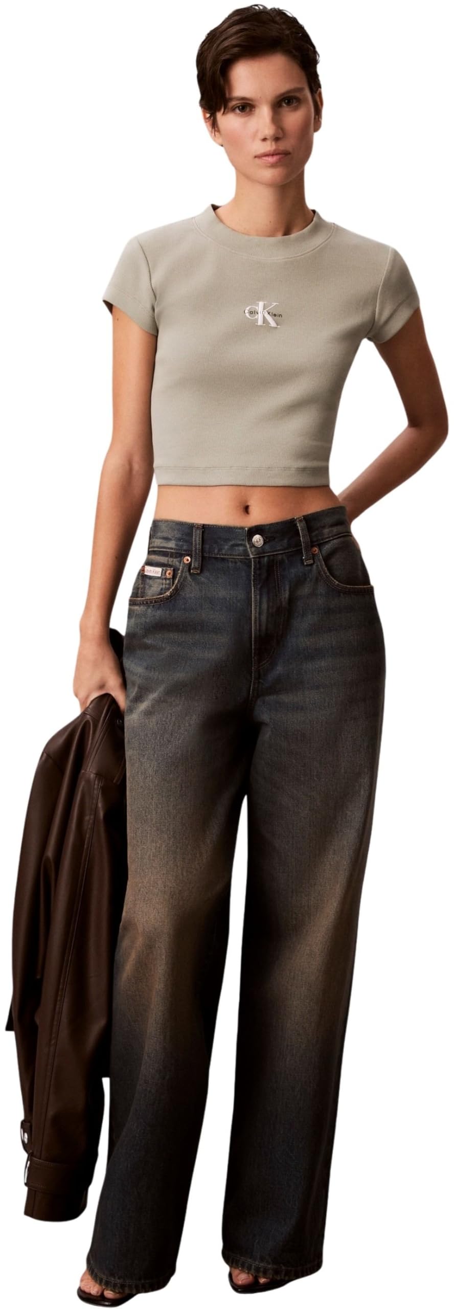 Calvin Klein Damen T-Shirt Kurzarm Monologo Baby Rib Slim Fit
