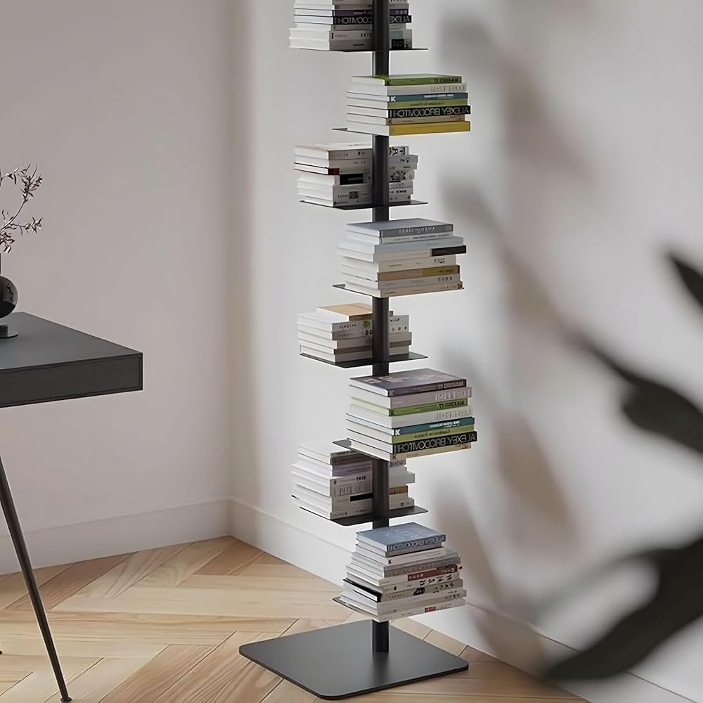 Estantería alta y estrecha, torre vertical de lomo de metal para espacios pequeños, estante de esquina multiusos, estantería de escalera que ahorra espacio para exhibición del hogar
