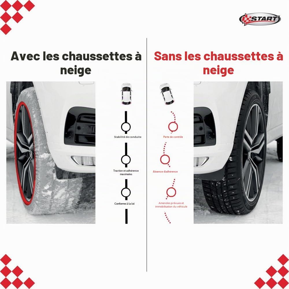 Start Chaussettes de neige taille XXL adaptées pour voitures SUV et véhicules commerciaux n'endommagent pas les jantes et faciles à monter