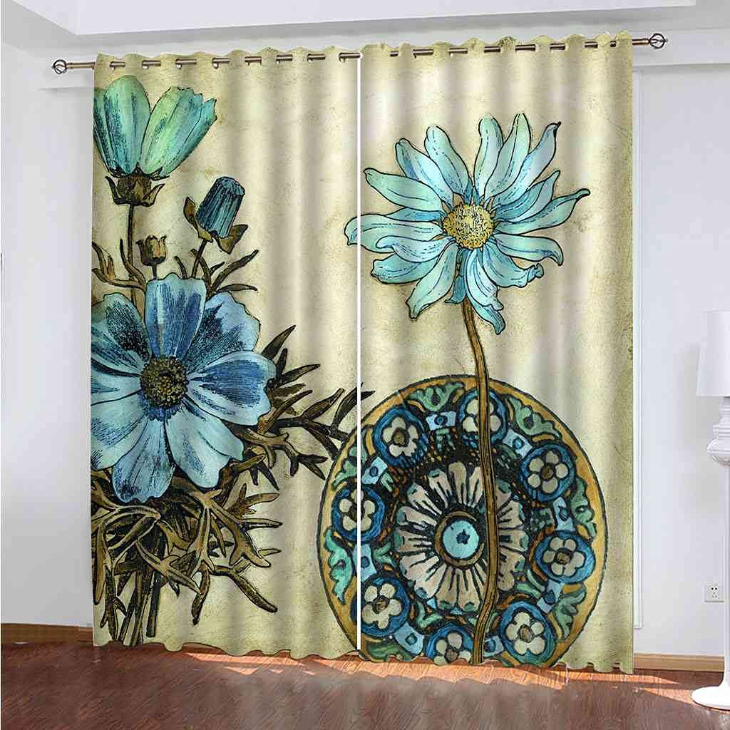 Rideau occultant à oeillets fleurs bleues aquarelles 200x160 cm