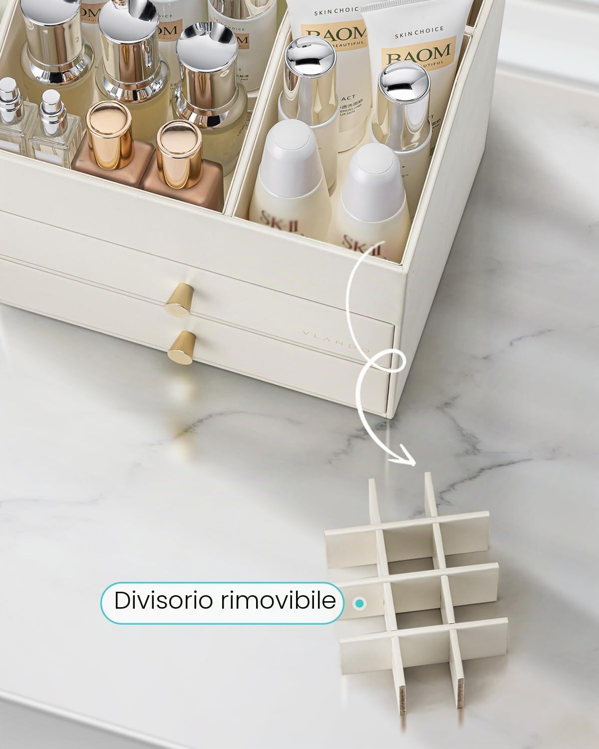 Vlando Organizer per trucchi con 3 cassetti, organizzatore da toeletta, organizzatore per cosmetici, organizzatore per il bagno, Dresser Skincare, beige