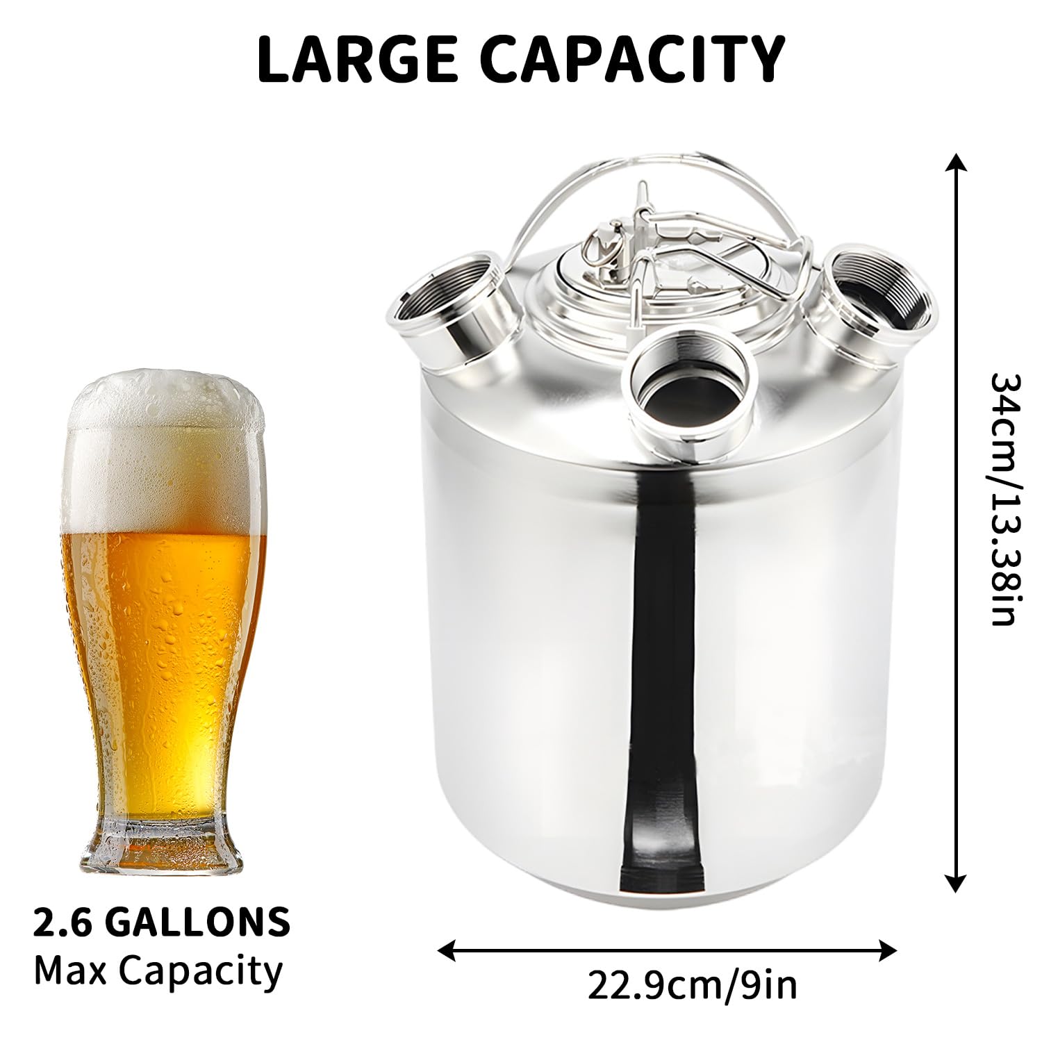 Barril de Limpieza de Cerveza de Acero Inoxidable, 10L 3 Cabezales Recipiente de Limpieza de Cerveza con Tapa, Apto para barriles de A y G y S, para Cerveza Casera, Bar de Hotel