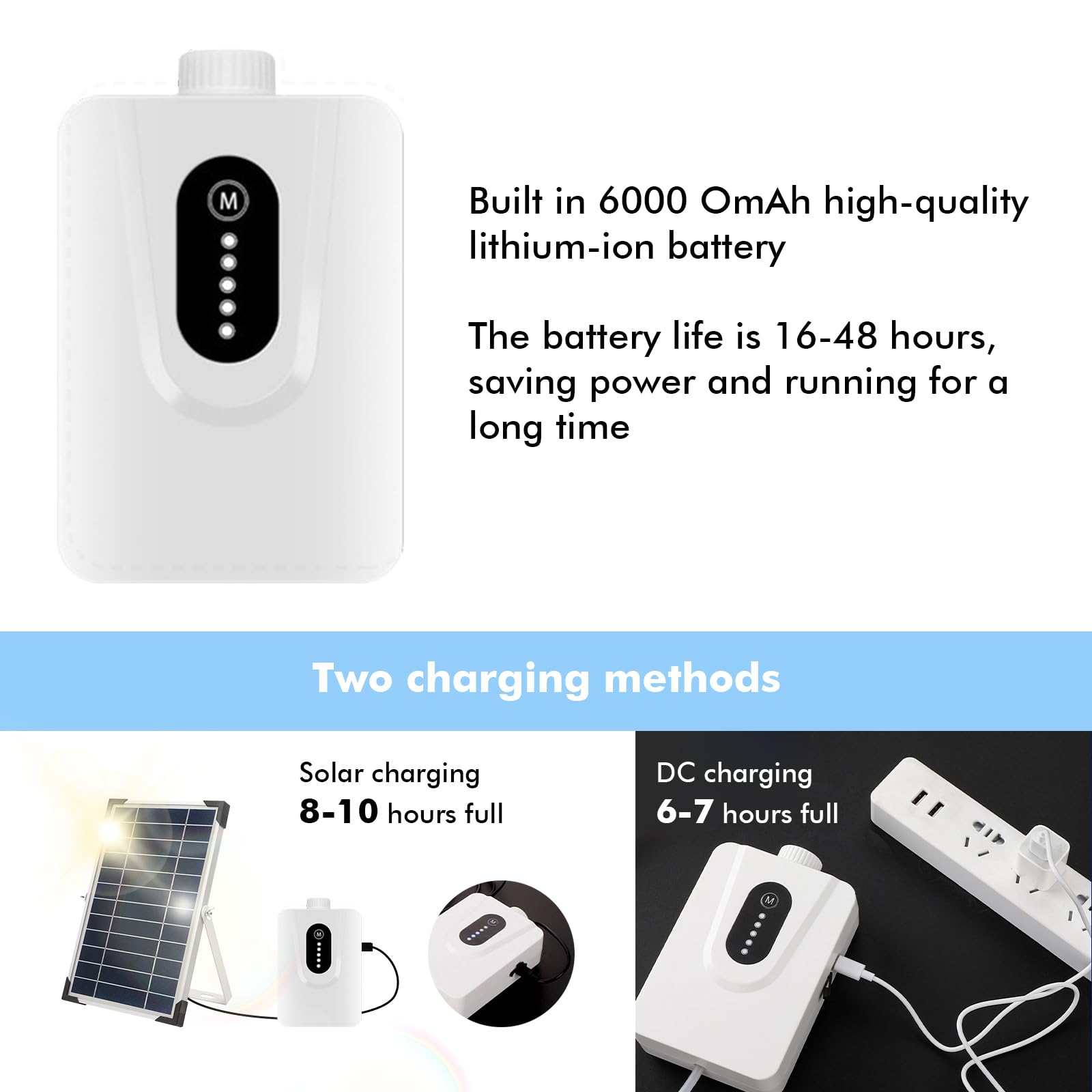 Bomba de oxígeno solar, bomba de aire solar, aireador de estanque Sol-AR de 6 W con batería de 6000 mAh, carga solar disponible y carga USB, oxigenador de acuario, aireador de pesca para estanque de