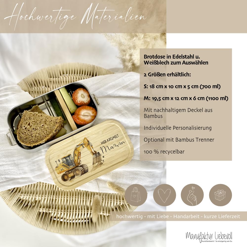 Manufaktur Liebevoll Personalisierte Brotdose Edelstahl Lunchbox mit Bambus Deckel Trenner Nachhaltige Brotbüchse Motiv Bagger
