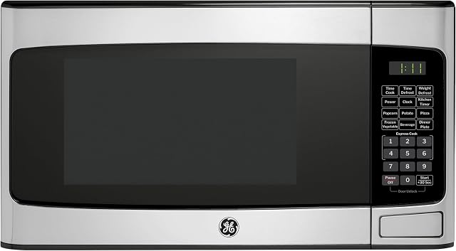 GE Countertop Microwave Oven, Compact 1.1 Cubic Ft., 950-watt Capacity, 6 Auto Cooking Settings, Child-Lock Technology, Kitchen Essentials for the Countertop, Dorm Room or Apartment, Stainless Steel | 6 Convenience Cook Settings, One-Touch Controls,