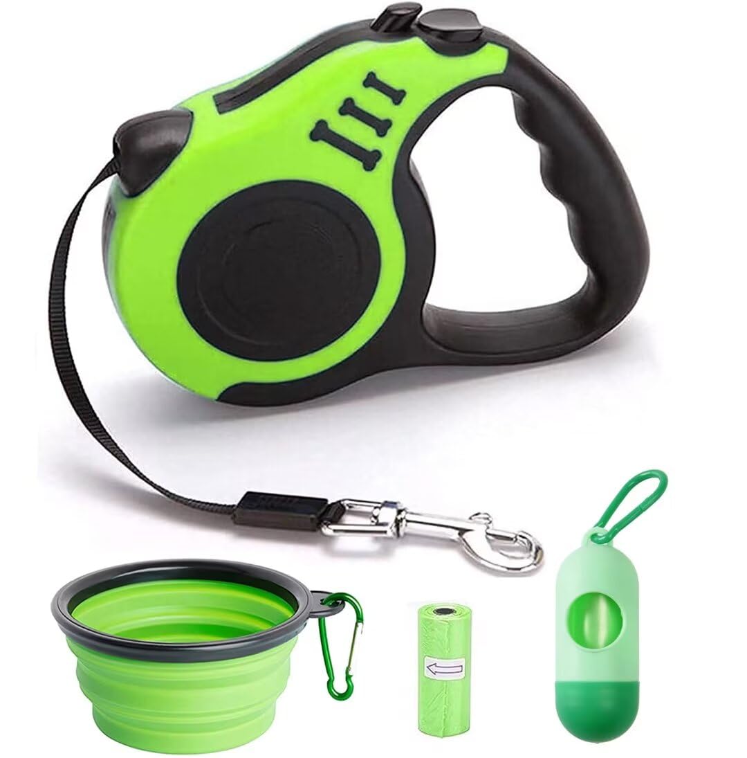 Retractable Green Dog Leash for Medium & Small Dogs & Cats - 16.5FT Tangle Free, Heavy Duty Walking Leash with Anti Slip Handle, Pause & Lock Strong