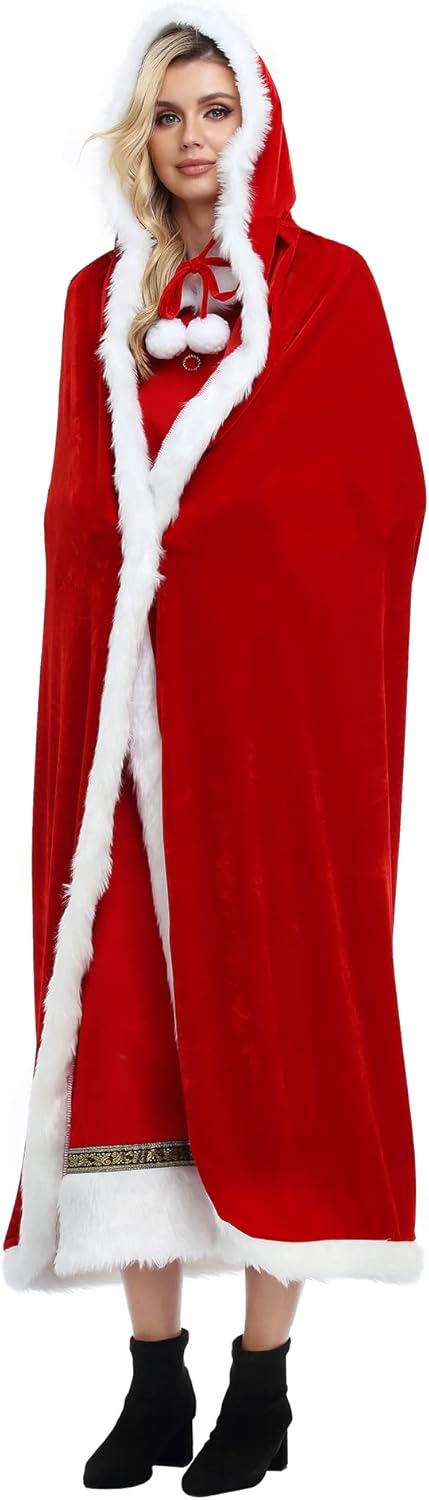 Christmas Velvet Cloak With Hood Cape for Mrs. Claus Santa Xmas Halloween Party Cosplay Costumes - Image 3