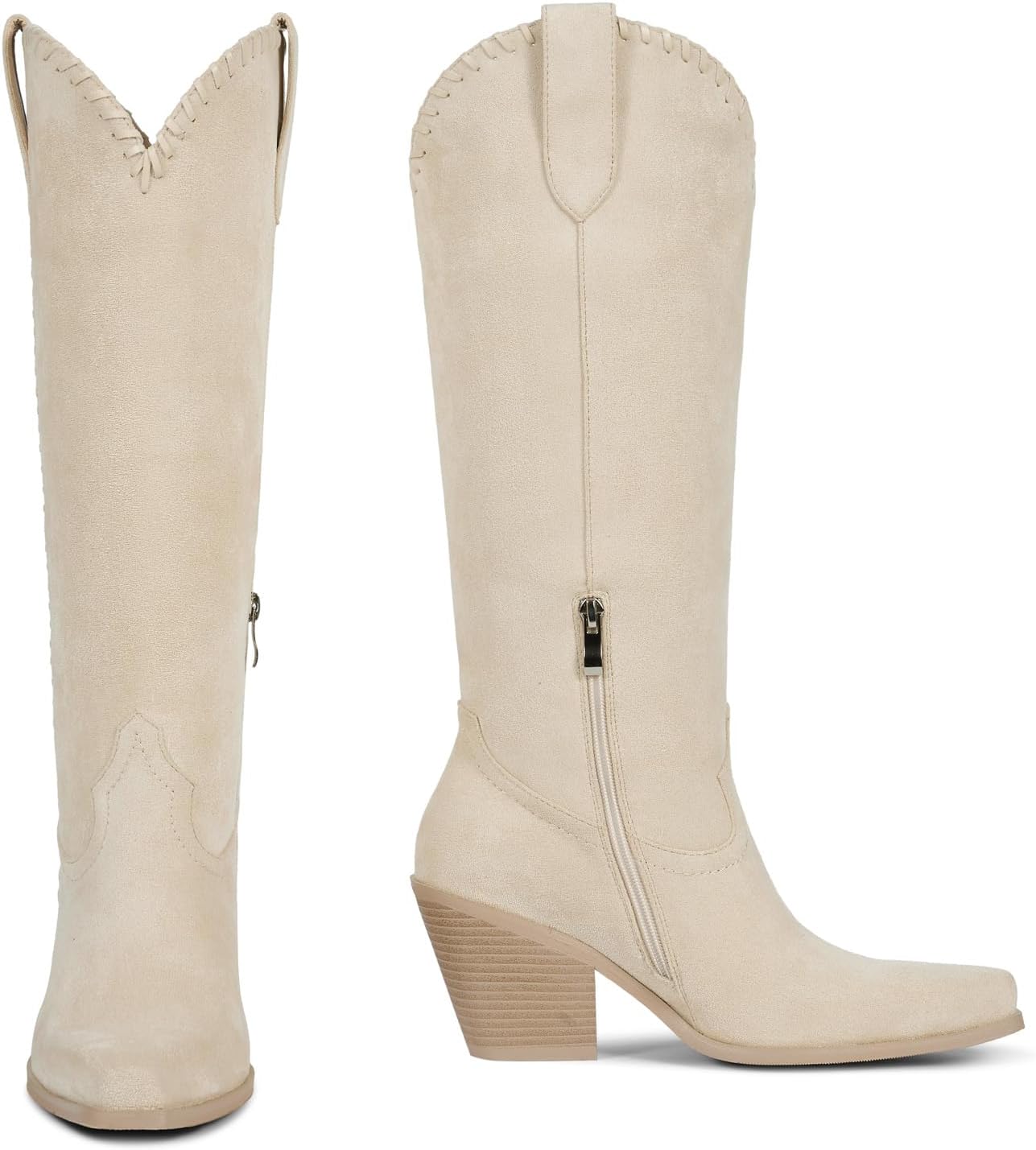 wetkiss Suede Cowboy Boots for Women Knee High Cowgirl Boots Square Toe Western Boots with Side Zipper & Chunky Heel, Tall Cowboy Boots for Daily Wear, Parties & Music Festivals