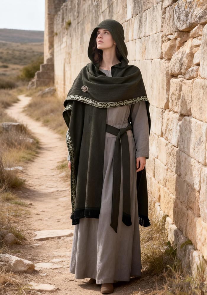 Medieval Hooded Cloak Shawl Scarf Renaissance Post-apocalyptic Fantasy Poncho Wrap Celtic Cape with Tassel Brooch