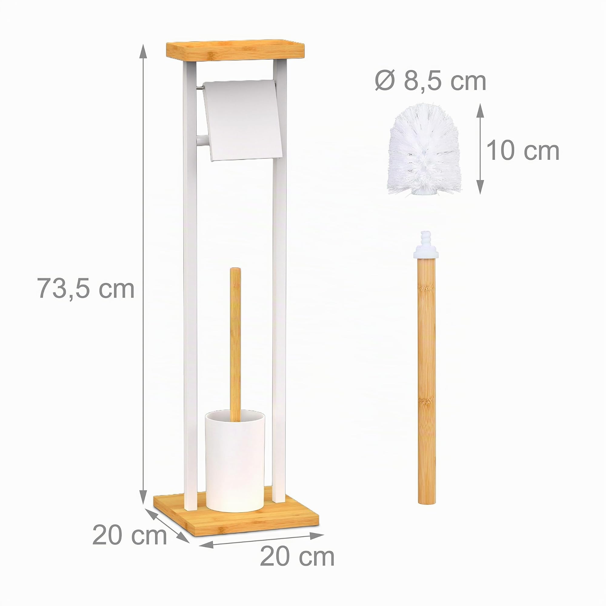 Relaxdays Serviteur WC, Non Fixe, 2 têtes de Brosse de Rechange, H x L x P : 73,5 x 20 x 20 cm, Blanc et Nature