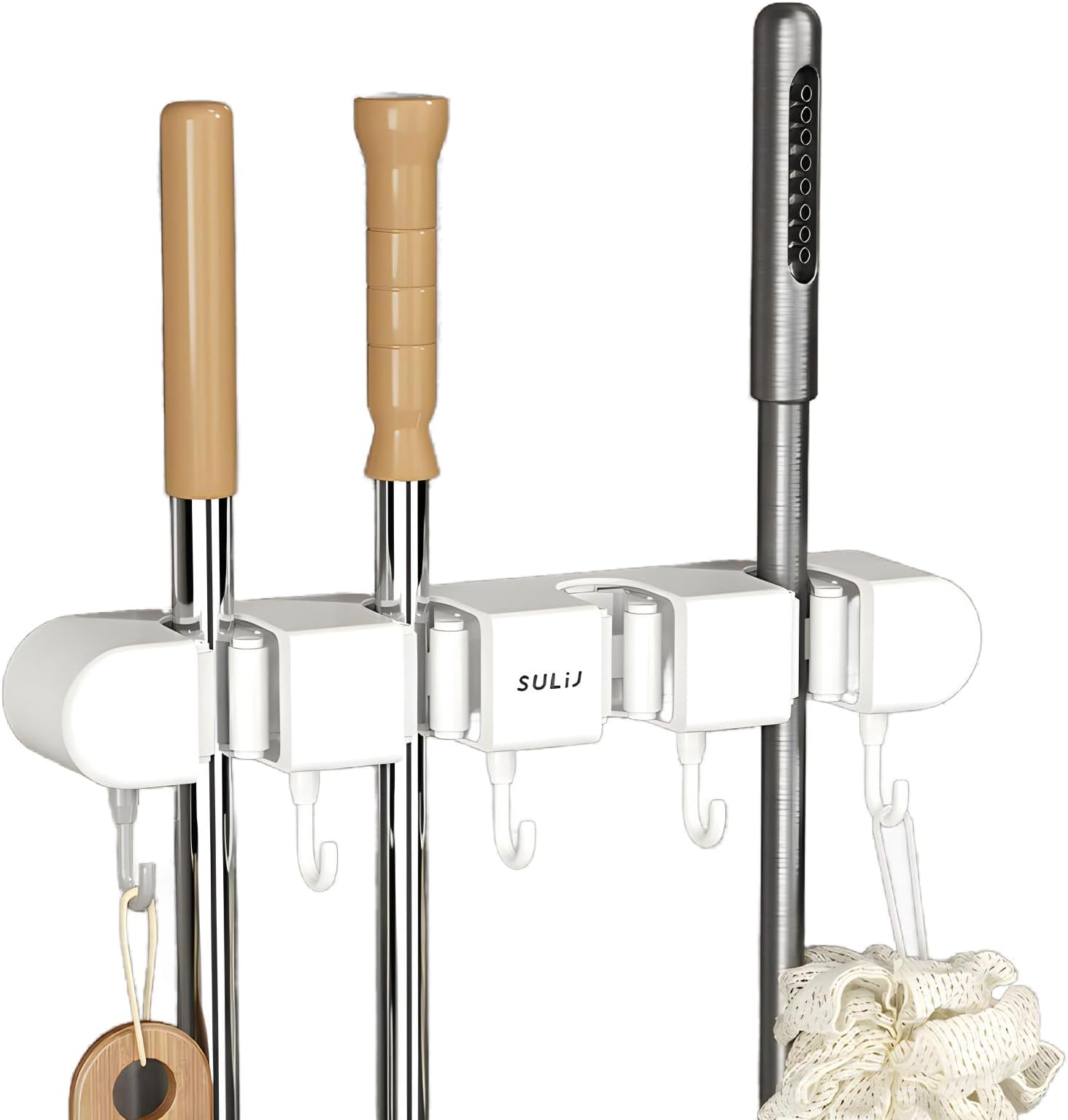 JYJLLMWall-Mounted Broom & Mop Holder for Efficient Utility Room Storage Solutions,Kitchen，Garage， Bathroom ，Office，mop holder wall mounted， Garden Tool Rack Included!（4 Broom Rack 5 Hooks） (white)