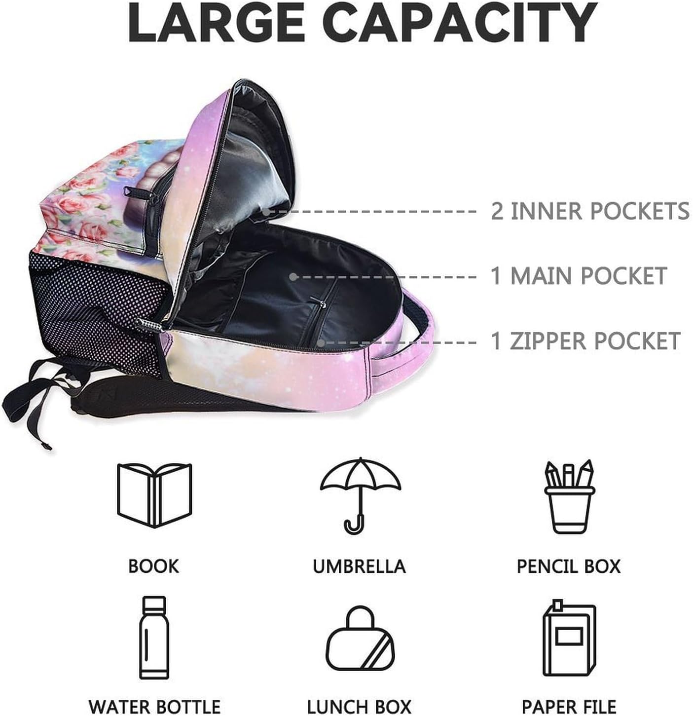 Backpack for Girls, 17 Inch Cute Kids School Backpacks for Cat Lovers, Large Capacity Animals Bookbag for Kindergarten, Primary