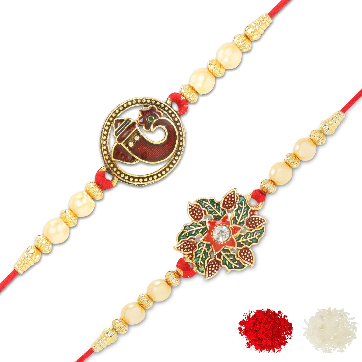 Riddhika VenturesAlluring Gold Plated Mens Floral And Ganesh Rakhi (Set of 2) with Roli Chawal, Greeting Card and One Motivational Keychain (E1G1K)