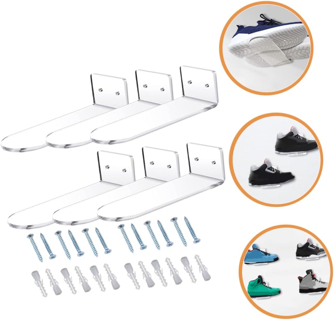 6pcs Transparent Acrylic Floating Shoe Display Racks Wall-Mounted Sneaker Shelves for Shoe Storage and Decoration