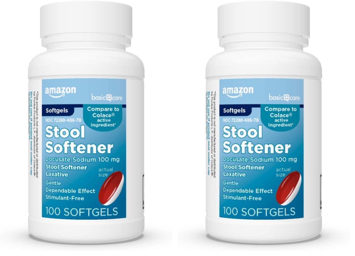 Amazon Basic Care Stool Softener Laxative Softgels 100 mg 200 Count | Gentle Constipation Relief - main product image