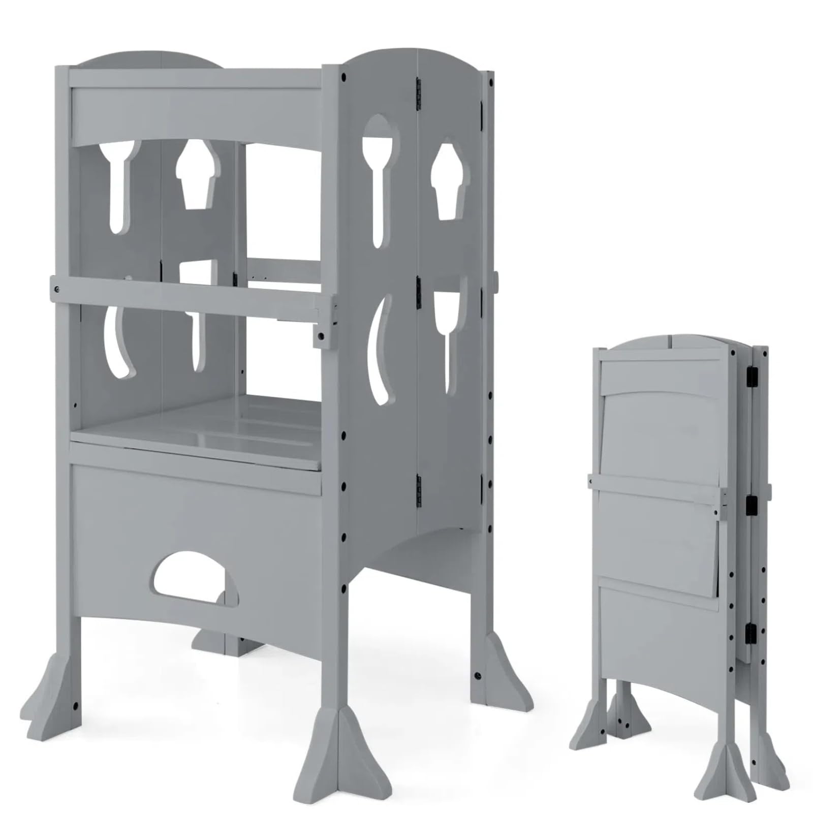 HONEY JOY Kitchen Step Stool for Toddlers, Children Wooden Standing Tower w/Safety Rail, Montessori Foldable Kids Learning Stool for Kitchen Counter(Gray)
