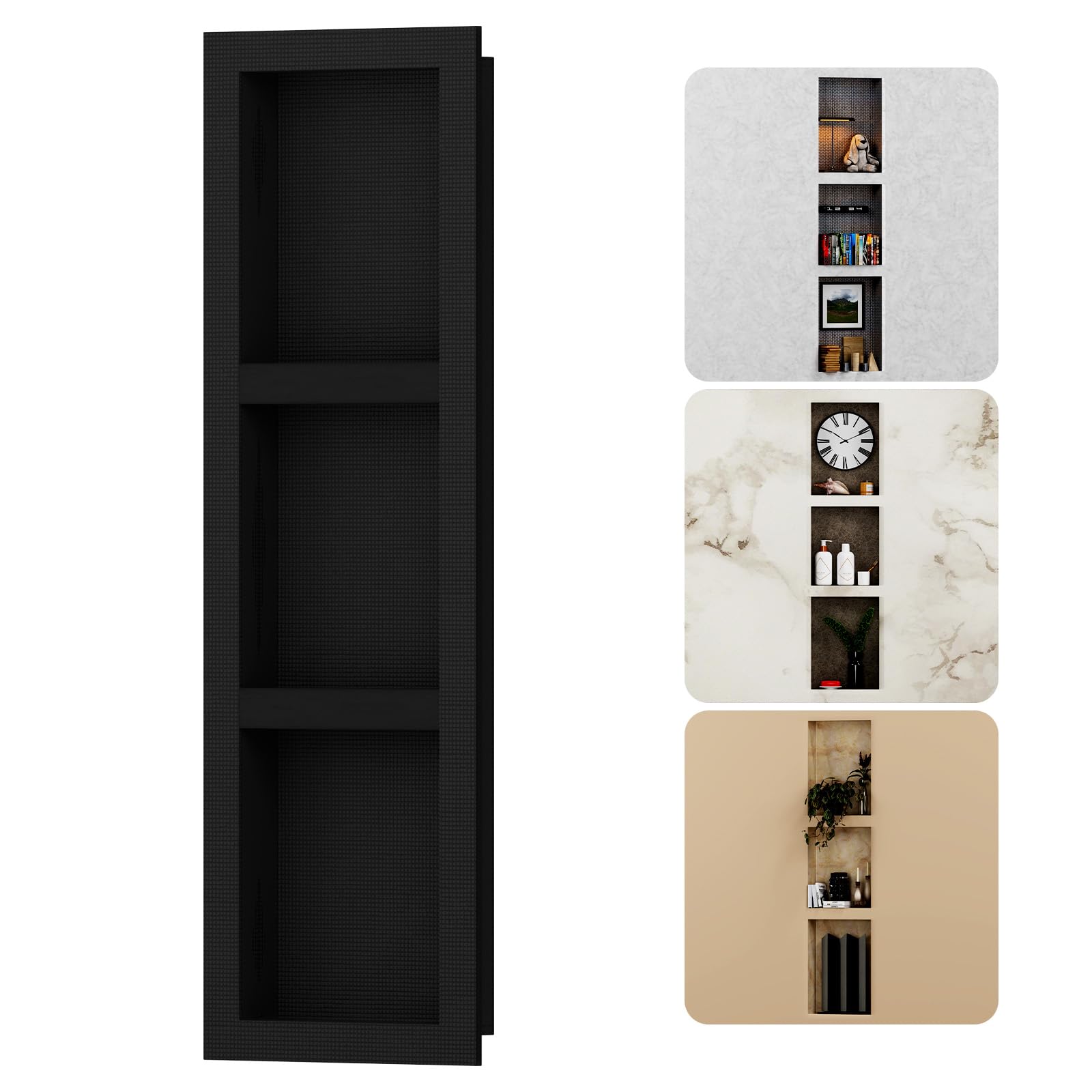 BWE Black Shower Niche Insert Tile Ready 16" X 50" Rectangle for Shower Wall Prefabricated Waterproof Three Shelves Recessed Niche for Shower Bathroom Storage