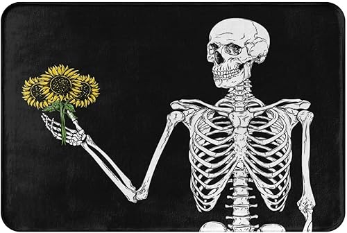 Alfombra de baño con diseño de calavera, esqueleto, girasol, hippie, negro, tapete para puerta de exterior, antideslizante, absorbente, alfombra de