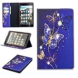 LMFULM® Case for Amazon Kindle Fire HD8 2016/2017 (8.0 Inch) PU Leather Case Sleep/Wake Function Dreamy Blue Butterfly Pattern Stent Function Holster