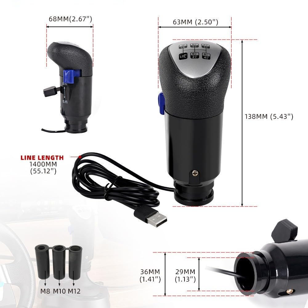 Pommeau de levier de vitesse USB pour jeux ATS ETS2 compatible avec Logitech G29/G27 pour G25/G920 pour Thrustmaster TH8A SQ Truck Simulator 12 mm 10 mm 8 mm