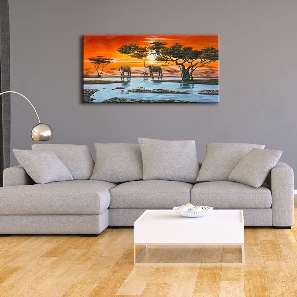 Wieco Art African Elephants Giclee Canvas Prints Wall Art Modern Extra Large African Landscape Animals Paintings Reproduction Pictures Artwork for Living Room Home Decorations