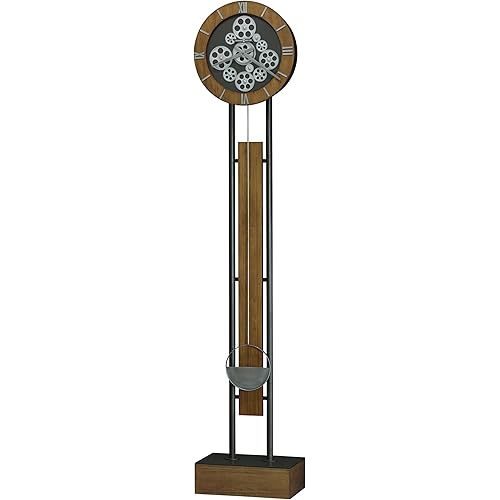 Howard Miller Keanu Grandfather Clock, Brown Finish with Wooden Base Analog Display with Roman Numerals & Moving Gears | Battery Operated Floor Clock Perfect for Living Room, Office & Home Decor