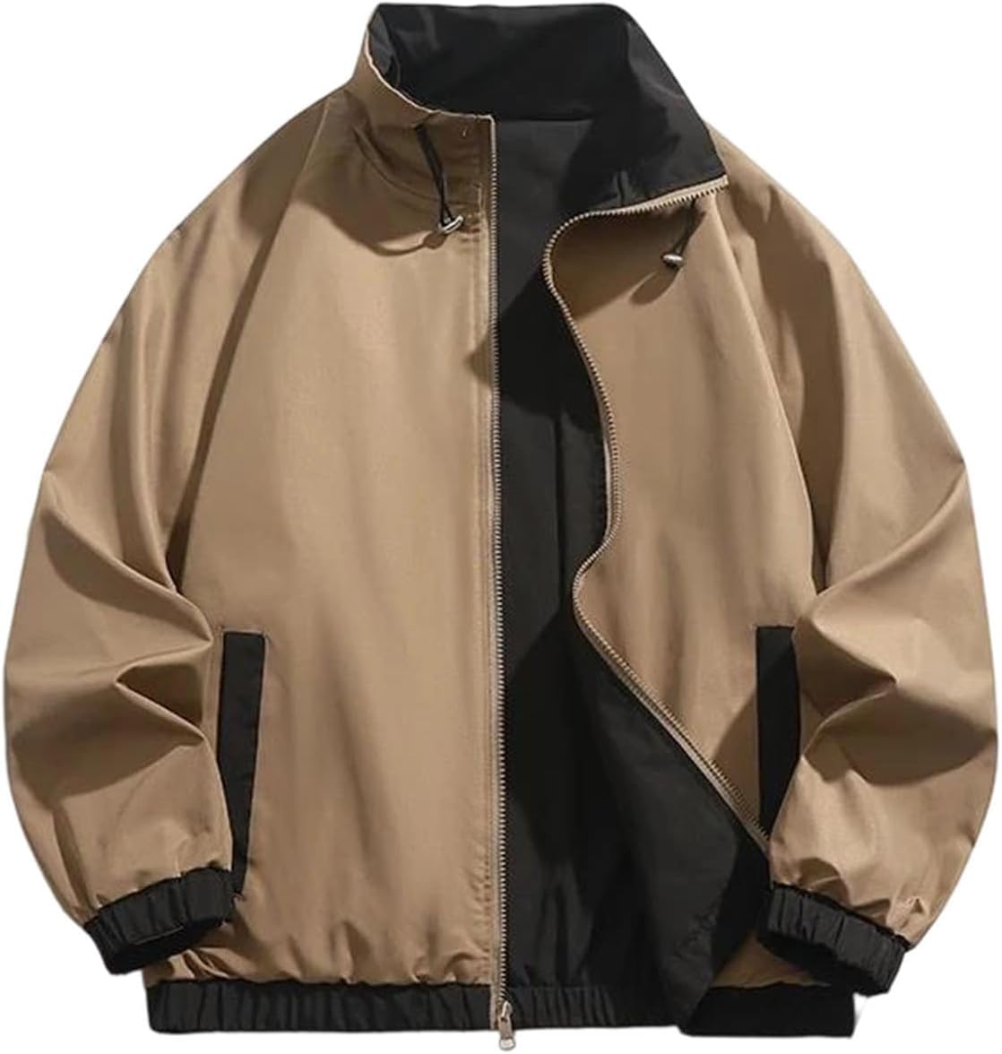 Men's Wide-Waisted Casual Jacket With Stand Collar Full Zipper Closure Patchwork Design And Multiple Utility Pockets