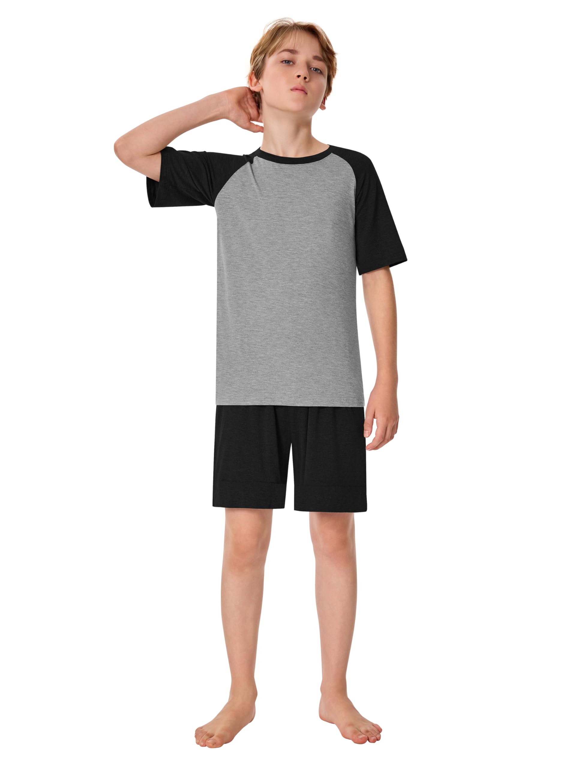 MoFiz Garçon Ensembles de Pyjama Doux Vêtements de Nuit Décontractés Manche Courte Haut et Shorts avec Poches 8-18 Ans
