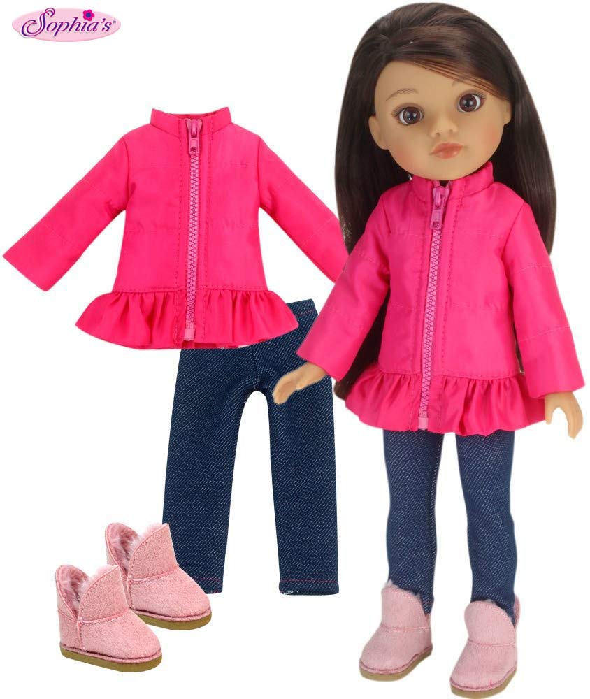 Sophia's 14 Inch Doll Clothes/Clothing Outfit Hot Pink Puffy 14Inch Doll Coat, Doll Jeggings & Doll Boots Fits American Girl Wellie Wishers Dolls | 14 in Doll 3 Piece Doll Clothes Set