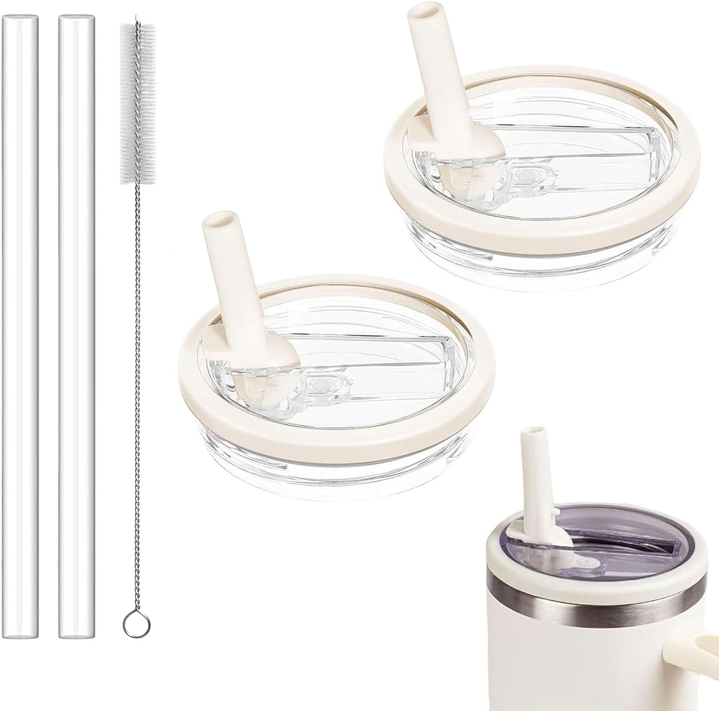 30 OZ Tumbler Lid Replacement Compatible with Stanley Quencher, 2 Pack Spill Proof Flip Straw Lids, Leakproof Top Cover Compatible for Stanley Cup Accessories, Cream 2pcs