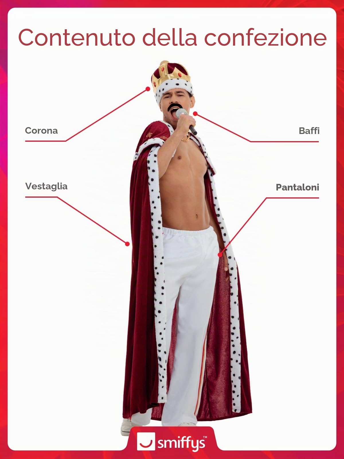 SMIFFYS Costume Royal Queen Deluxe, Rosso, con abito, pantaloni, corona e baffi Halloween