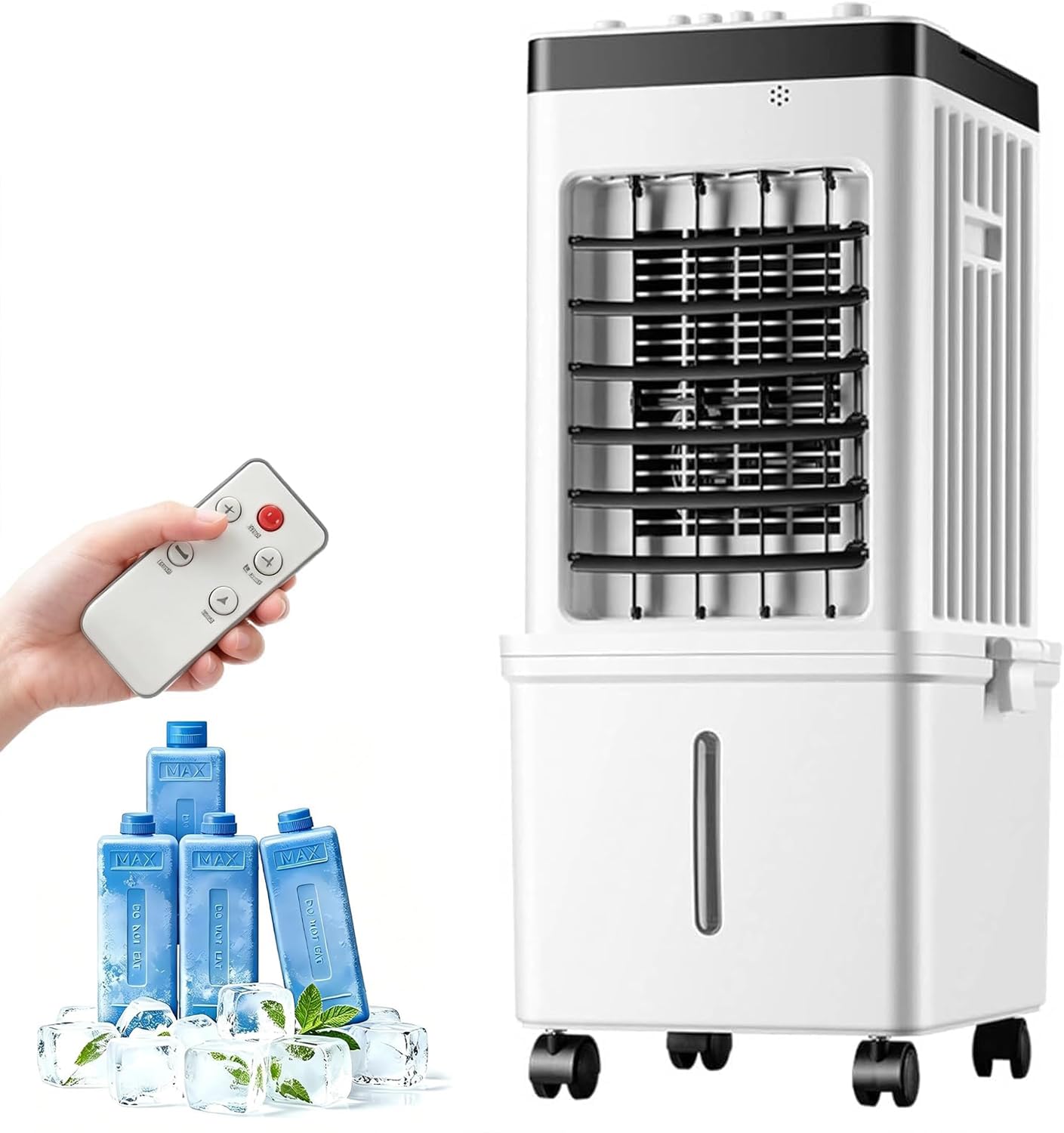 3-in-1 Evaporative Air Cooler, Portable Air Conditioner with Remote, 10L Water Tank, 3 Speeds, 1-12H Timer, 4 Ice Boxes,Quiet Cooling Fan with 360° Wheels for Room Summer Cooling，White