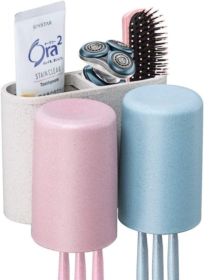 Toothbrush Holder Wall Mounted Wheat Straw Material All Dust Free Clean With an Automatic Toothpaste Dispenser (2 cups)