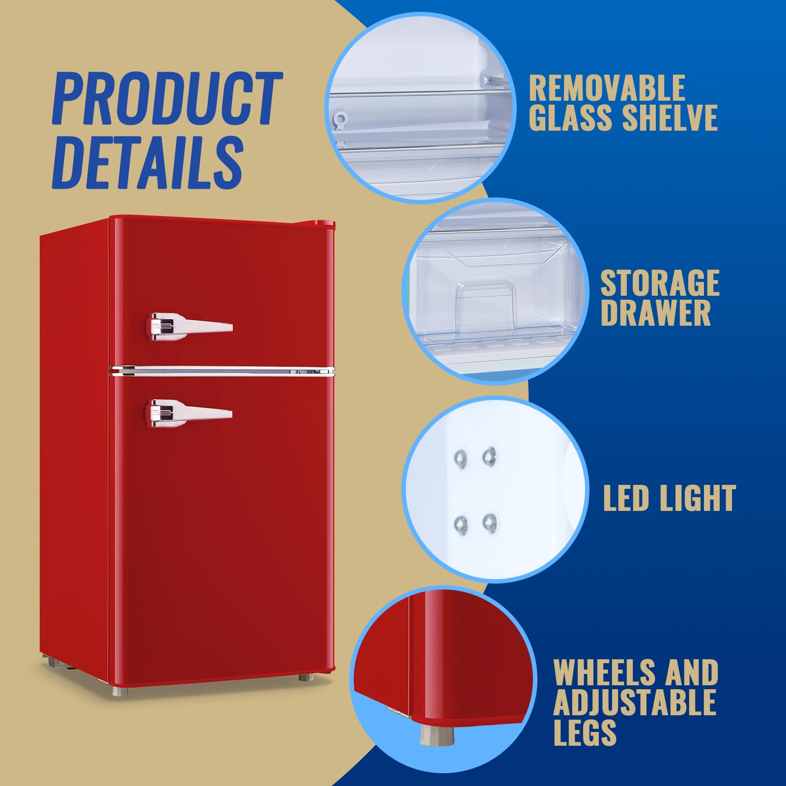 Tacool 3.5 Cu.Ft Refrigerator With Freezer Double Door Red Fridge Adjustable Glass Shelves, Plastic Crisper,7 Level Temperature Control Fridge For Dorm, Office, Apartment on Fridge.com - View 4