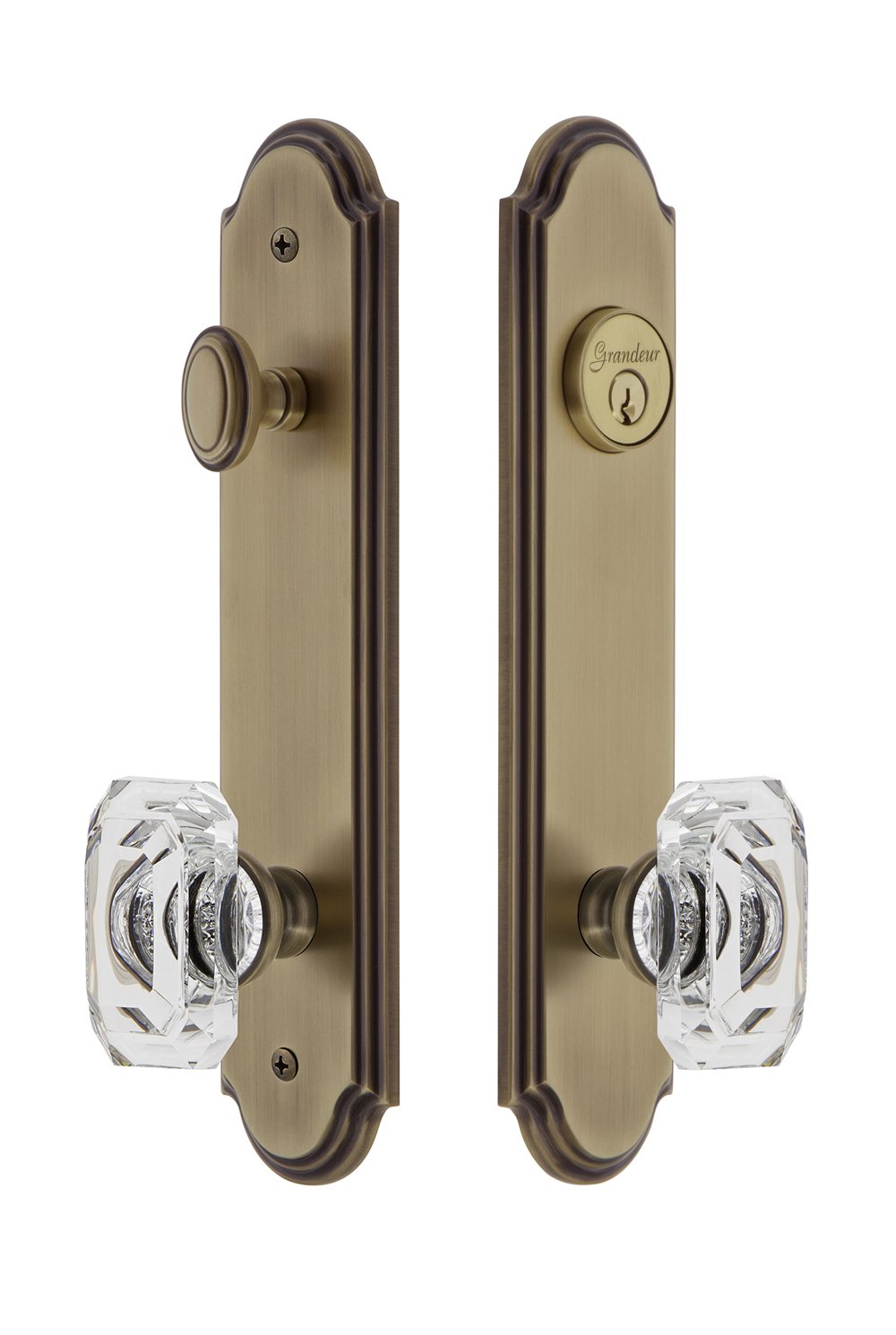 Grandeur Hardware 839337 Arc Tall Plate Complete Entry Set with Baguette Clear Crystal Knob, Backset Size - 2.375", Vintage Brass