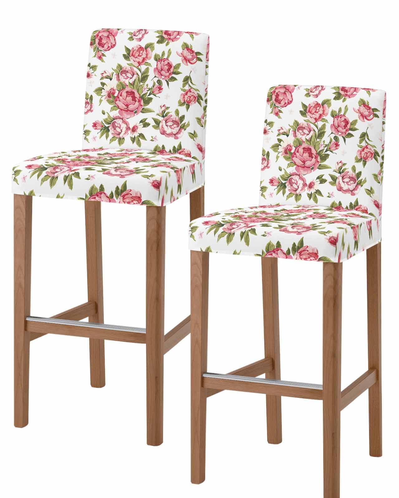 PIEPLE Vintage Pink Spring Floral Bar Stool Cover Set of 2, Stretch Removable Bar Stool Chair Covers with Backs Pub Counter Stool Chair Slipcover for Dining Room Cafe Summer Botanical Watercolor
